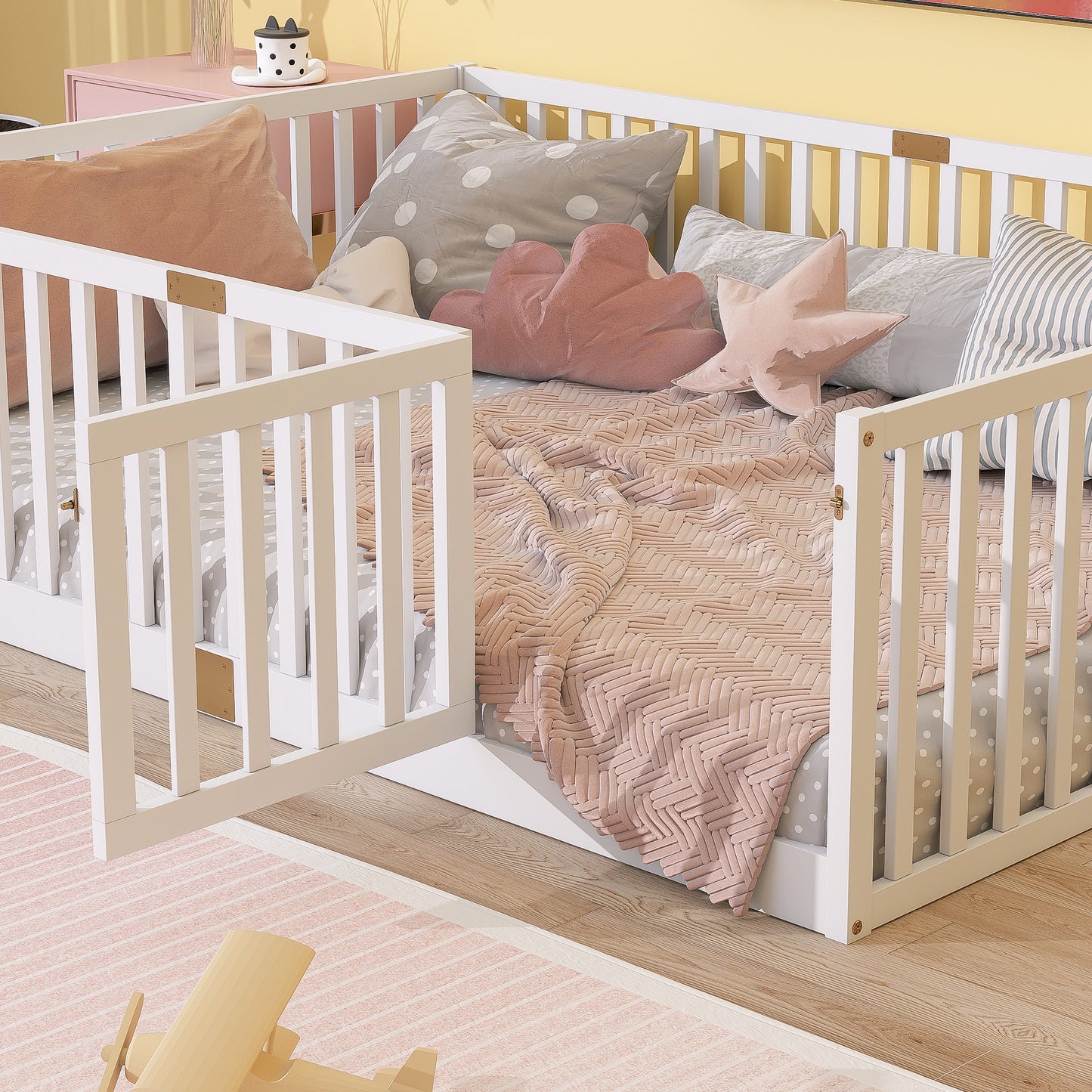 Sesslife Twin Size Floor Bed with High Fence & Door, Wood Twin Bed Frame with Salts and 21.5” Safety Guardrails, Twin Floor Bed for Boys Girls, No Box Spring Needed, Natural