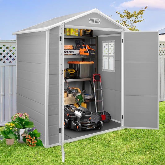 6x4 FT Resin Storage Shed, SESSLIFE Backyard Storage Sheds with Lockable Door, Garage Patio Garden Storage Shed, TE2770