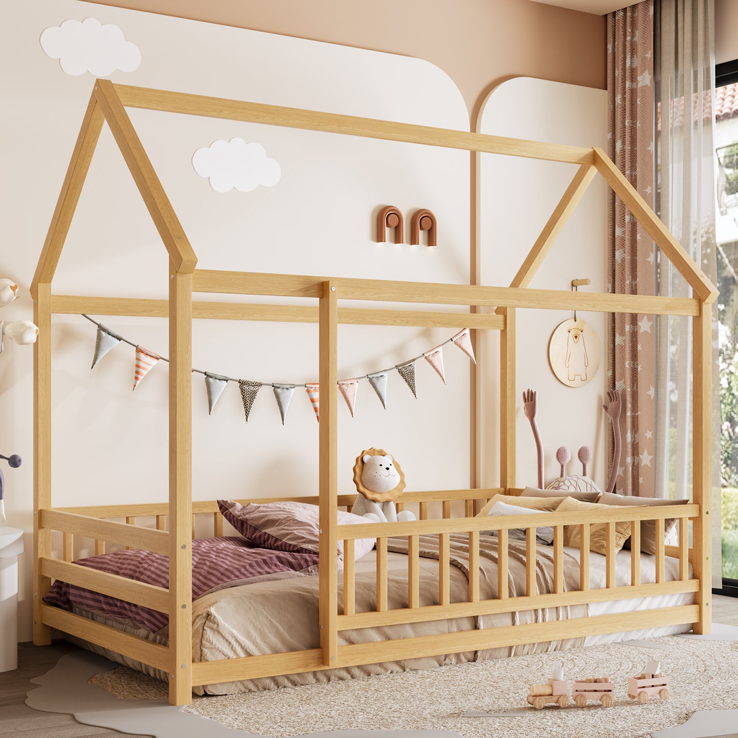 SESSLIFE Twin Bed Frame with House Roof Design, Wooden Floor Bed with Fence Guardrails, Pine Platform Bed for Bedroom, Montessori Style, Natural Finish