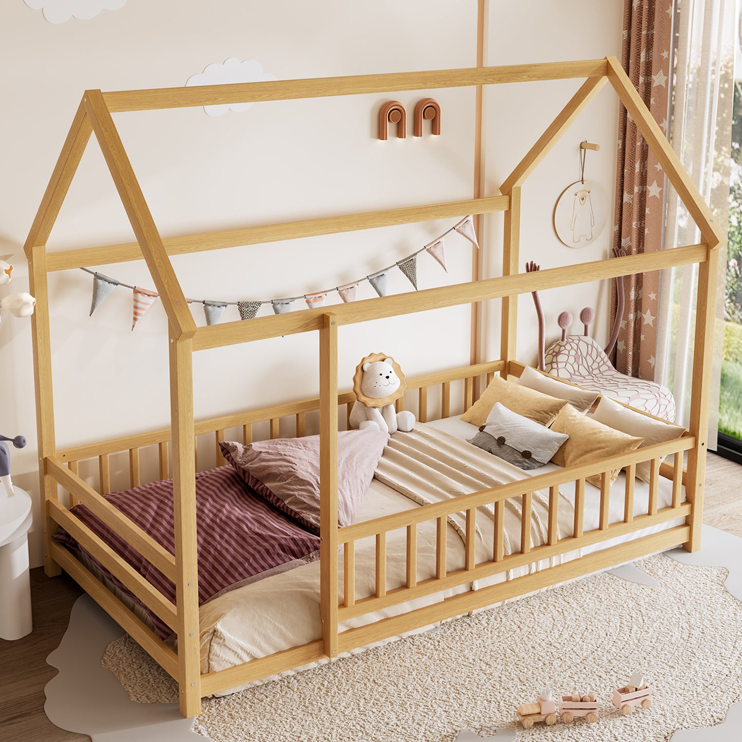 SESSLIFE Twin Bed Frame with House Roof Design, Wooden Floor Bed with Fence Guardrails, Pine Platform Bed for Bedroom, Montessori Style, Natural Finish