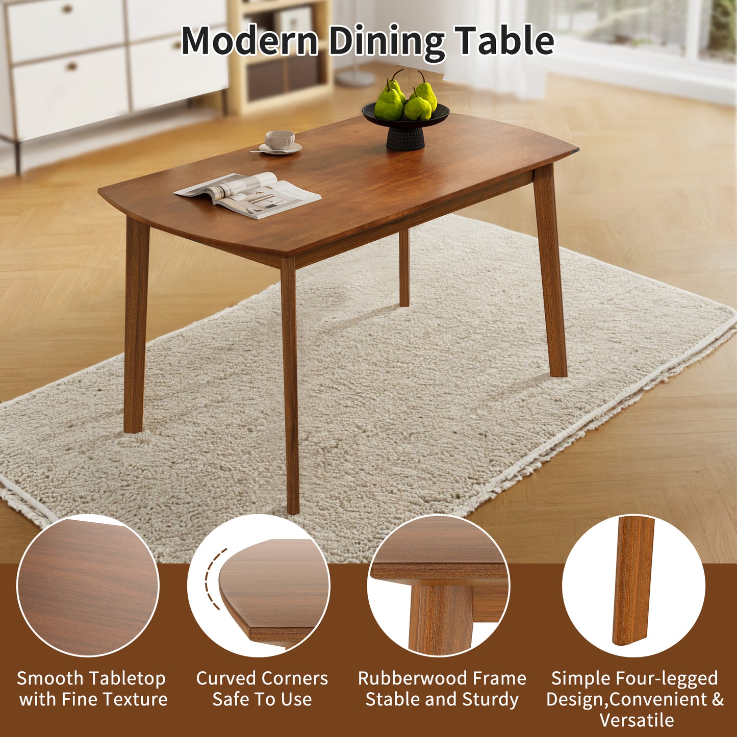 Mid Century Modern Dining Table, SESSLIFE 47 Inch Rectangular Solid Wood Table for 4, Safe Curved Edges, Space Saving Kitchen Table for Apartment Dinette