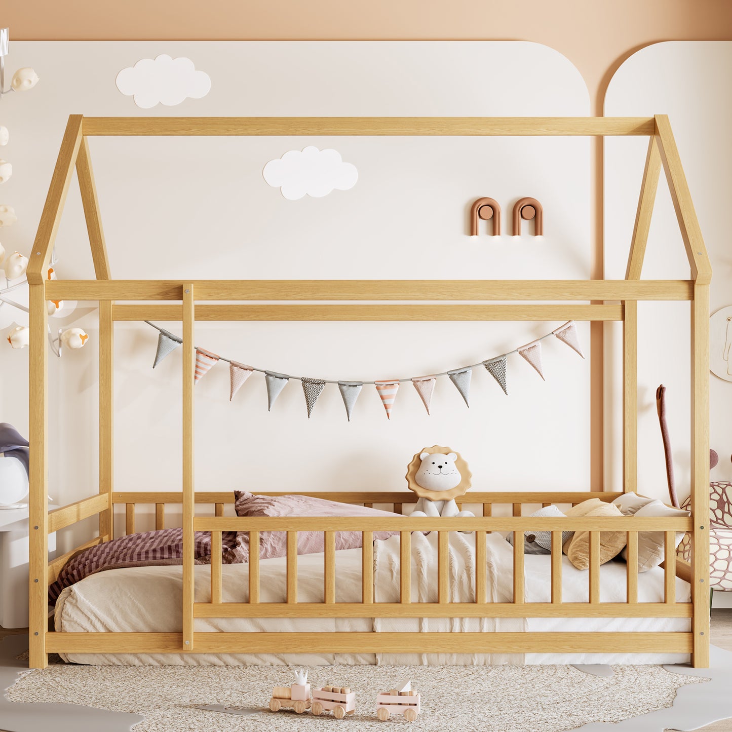 SESSLIFE Twin Bed Frame with House Roof Design, Wooden Floor Bed with Fence Guardrails, Pine Platform Bed for Bedroom, Montessori Style, Natural Finish