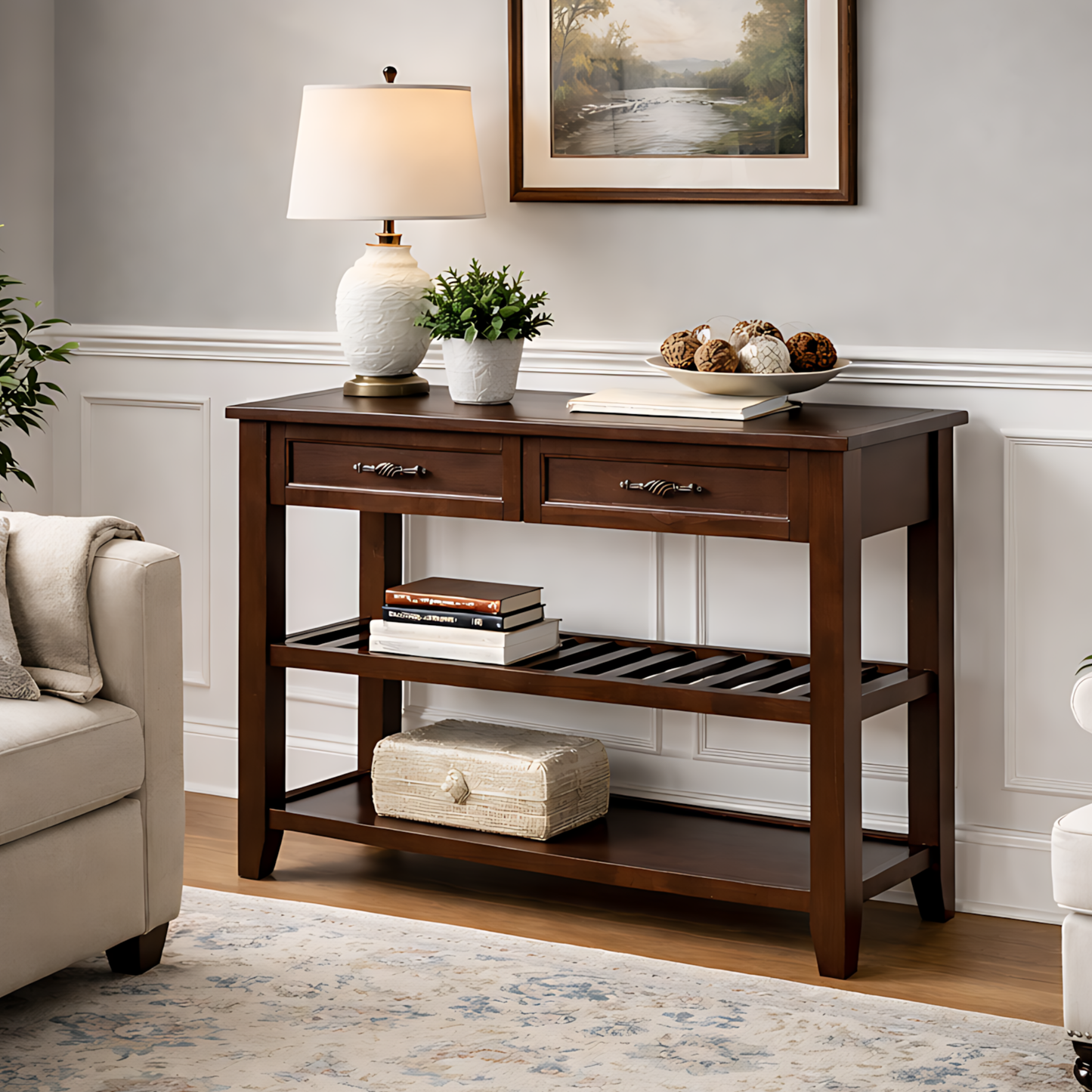 SESSLIFE 42 Inch Solid Wood Console Sofa Table with 2 Drawers and 2 Tier Shelves, Mid-Century Entryway Table Buffet Sideboard for Living Room Hallway Kitchen, Espresso