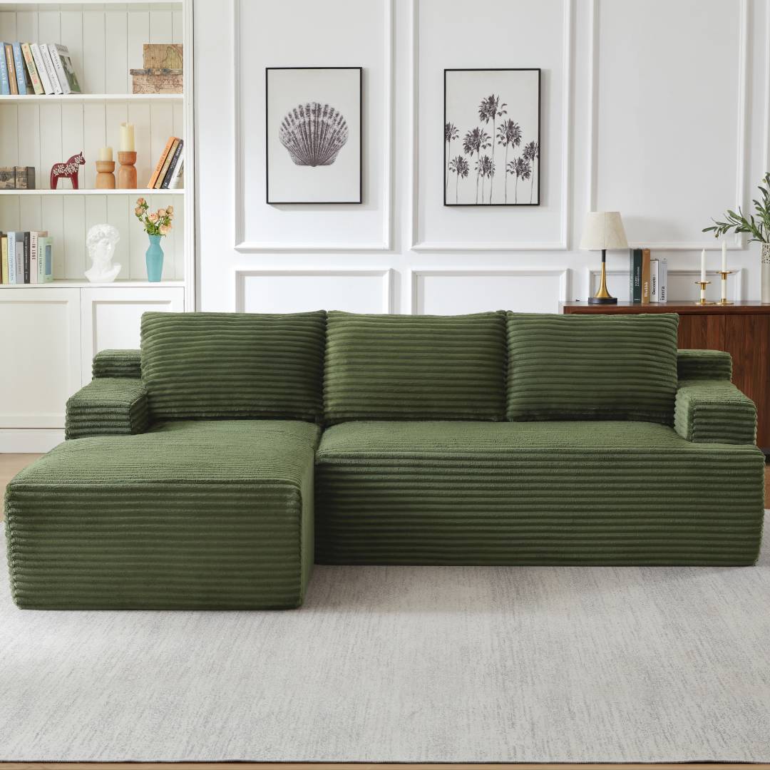 L-Shaped Cloud Sectional Sofa, No Assembly Required Modular Couch with Deep Seat, Corduroy Sleeper Sofa for Living Room Apartment Bedroom, 4-Seat, Green