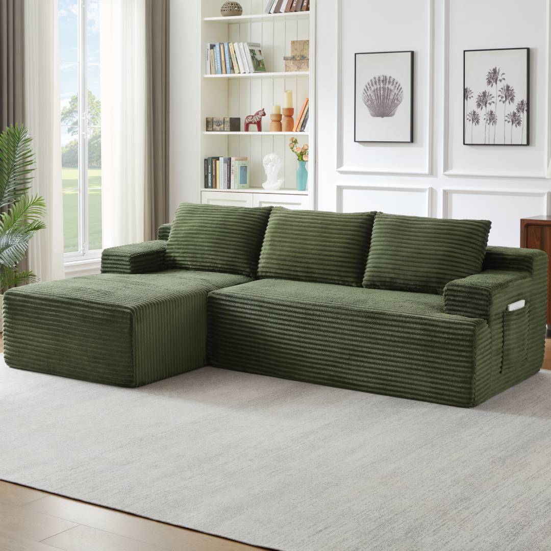 L-Shaped Cloud Sectional Sofa, No Assembly Required Modular Couch with Deep Seat, Corduroy Sleeper Sofa for Living Room Apartment Bedroom, 4-Seat, Green