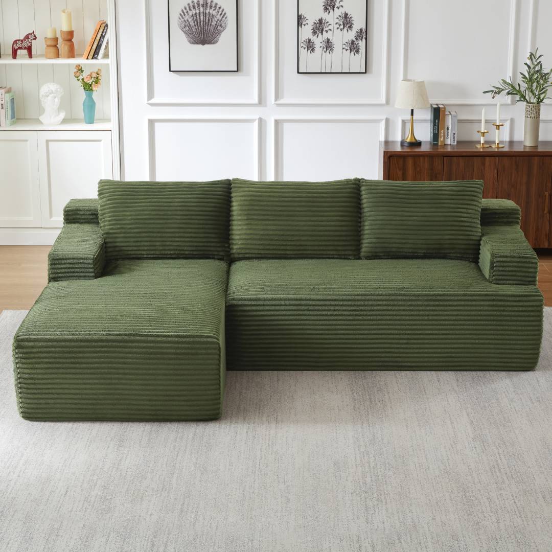 L-Shaped Cloud Sectional Sofa, No Assembly Required Modular Couch with Deep Seat, Corduroy Sleeper Sofa for Living Room Apartment Bedroom, 4-Seat, Green