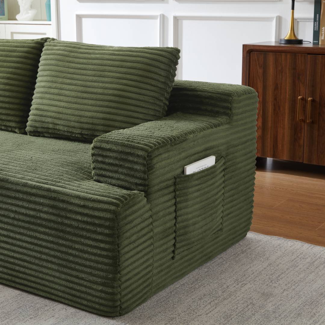 L-Shaped Cloud Sectional Sofa, No Assembly Required Modular Couch with Deep Seat, Corduroy Sleeper Sofa for Living Room Apartment Bedroom, 4-Seat, Green