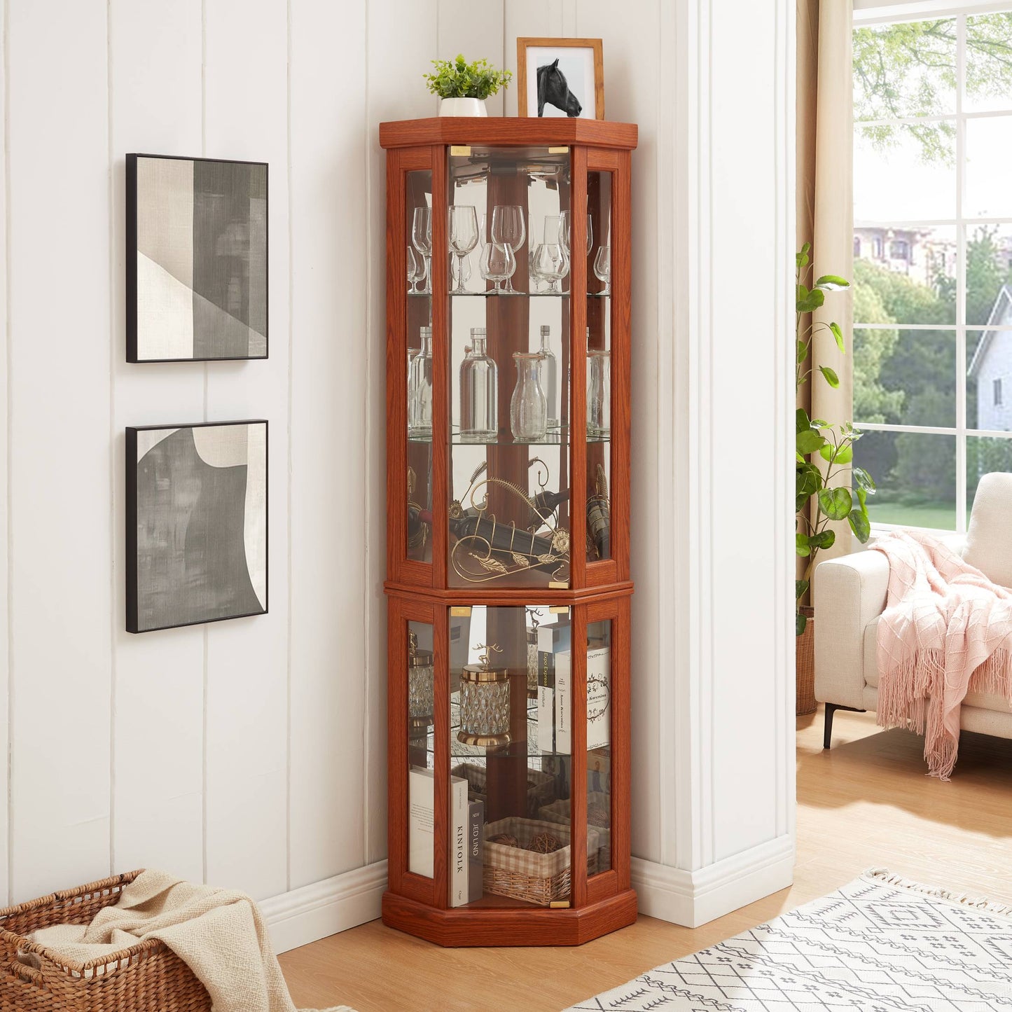 SESSLIFE 70" Lighted Corner Curio Cabinet with Mirrored Back, 5 Tempered Glass Shelves Adjustable, Anti-Tip Device Tall Glass Display Cabinet for Collectibles, Easy Assembly, Black