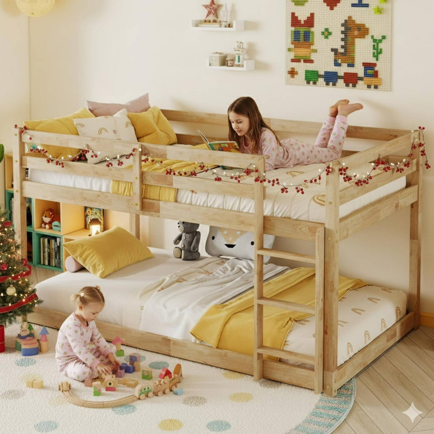 SESSLIFE Bunk Bed Twin Over Twin, Low Floor Bunk Bed with Guard Rails for Dorm, Small Space, No Box Spring Needed(White)