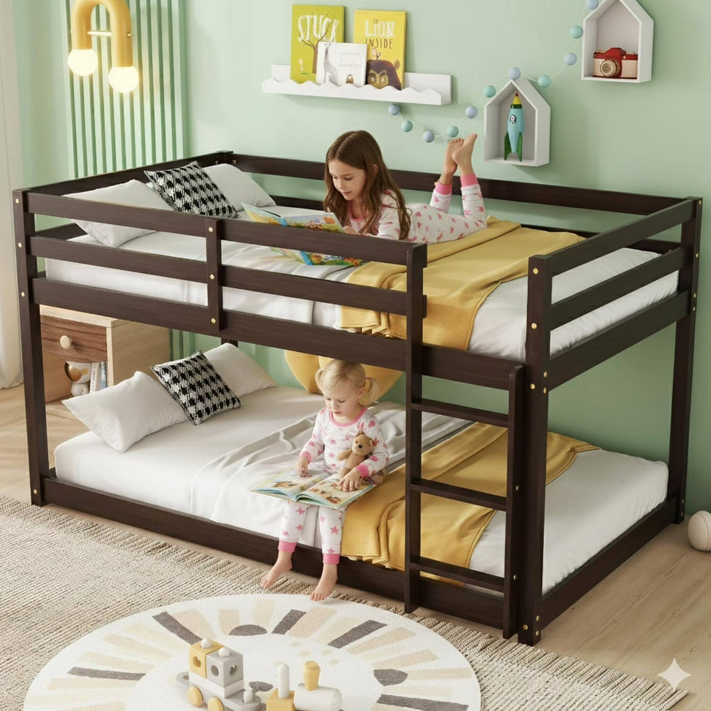 SESSLIFE Bunk Bed Twin Over Twin, Low Floor Bunk Bed with Guard Rails for Dorm, Small Space, No Box Spring Needed(White)