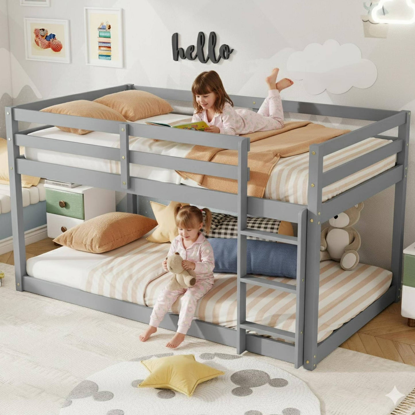 SESSLIFE Bunk Bed Twin Over Twin, Low Floor Bunk Bed with Guard Rails for Dorm, Small Space, No Box Spring Needed(White)
