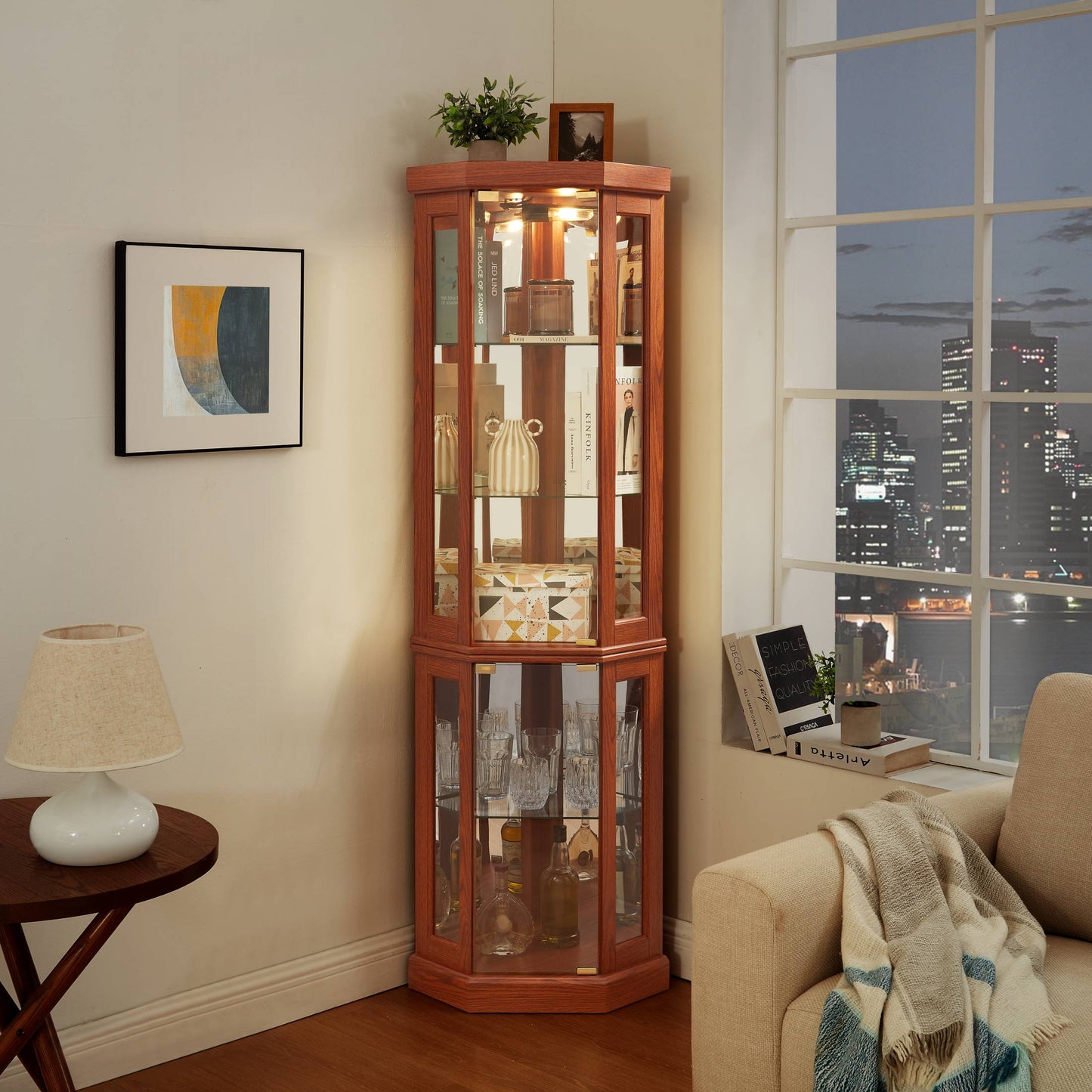 SESSLIFE 70" Lighted Corner Curio Cabinet with Mirrored Back, 5 Tempered Glass Shelves Adjustable, Anti-Tip Device Tall Glass Display Cabinet for Collectibles, Easy Assembly, White