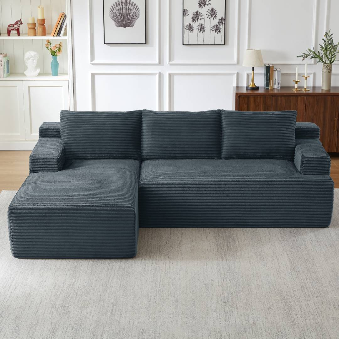 L-Shaped Cloud Sectional Sofa, No Assembly Required Modular Couch with Deep Seat, Corduroy Sleeper Sofa for Living Room Apartment Bedroom, 4-Seat, Green