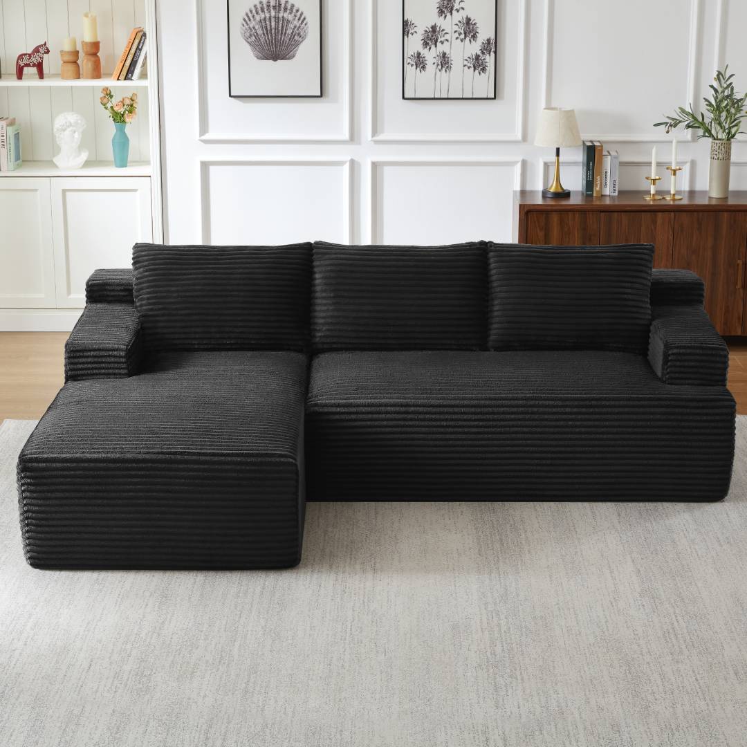 L-Shaped Cloud Sectional Sofa, No Assembly Required Modular Couch with Deep Seat, Corduroy Sleeper Sofa for Living Room Apartment Bedroom, 4-Seat, Green
