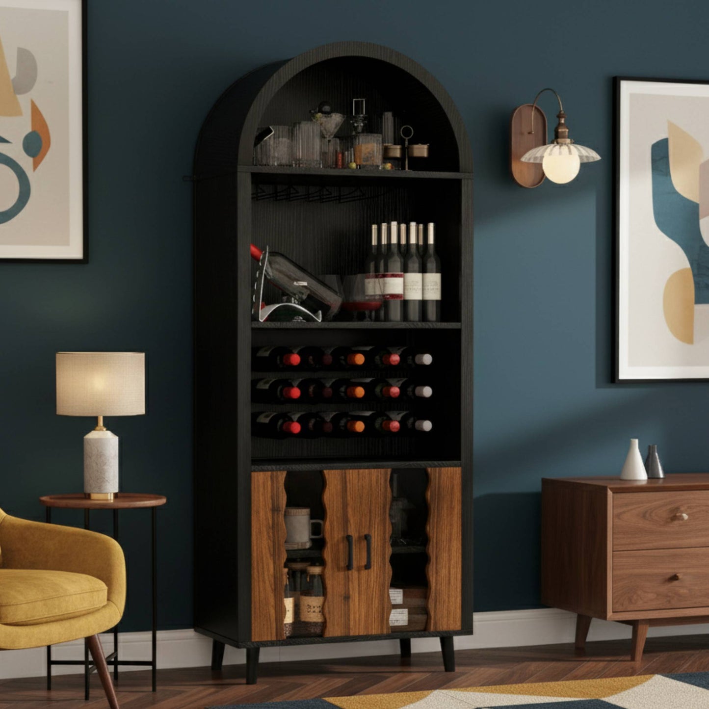 SESSLIFE 71 Inch Pantry Cabinet with Wine Rack and Glass Holder, Arched Black Design for Coffee Bar and Whiskey Corner, Freestanding Storage for Dining Room, Brown Oak