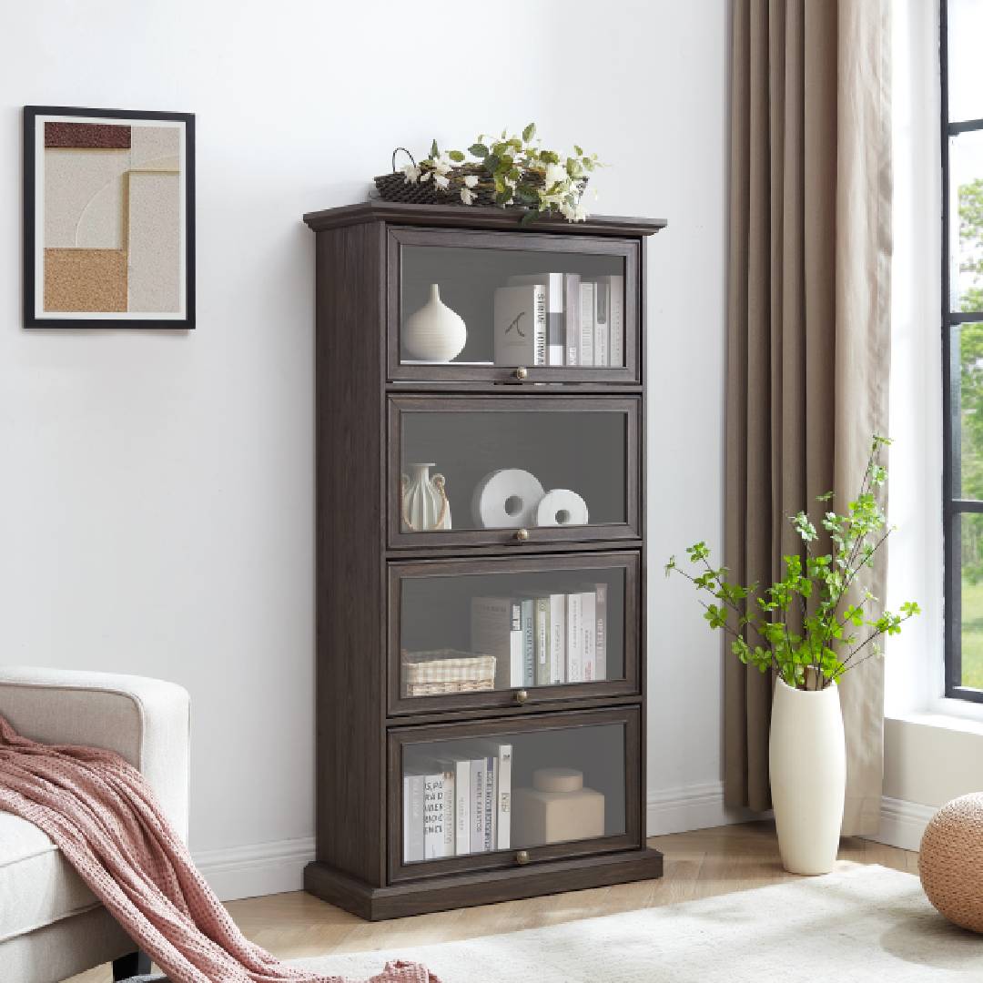 SESSLIFE 4 Tier Glass Display Cabinet with Flip Up Glass Doors, White Curio Cabinet for Collectibles, Books and Toy Figures, Modern Storage Bookcase for Living Room Bedroom Office