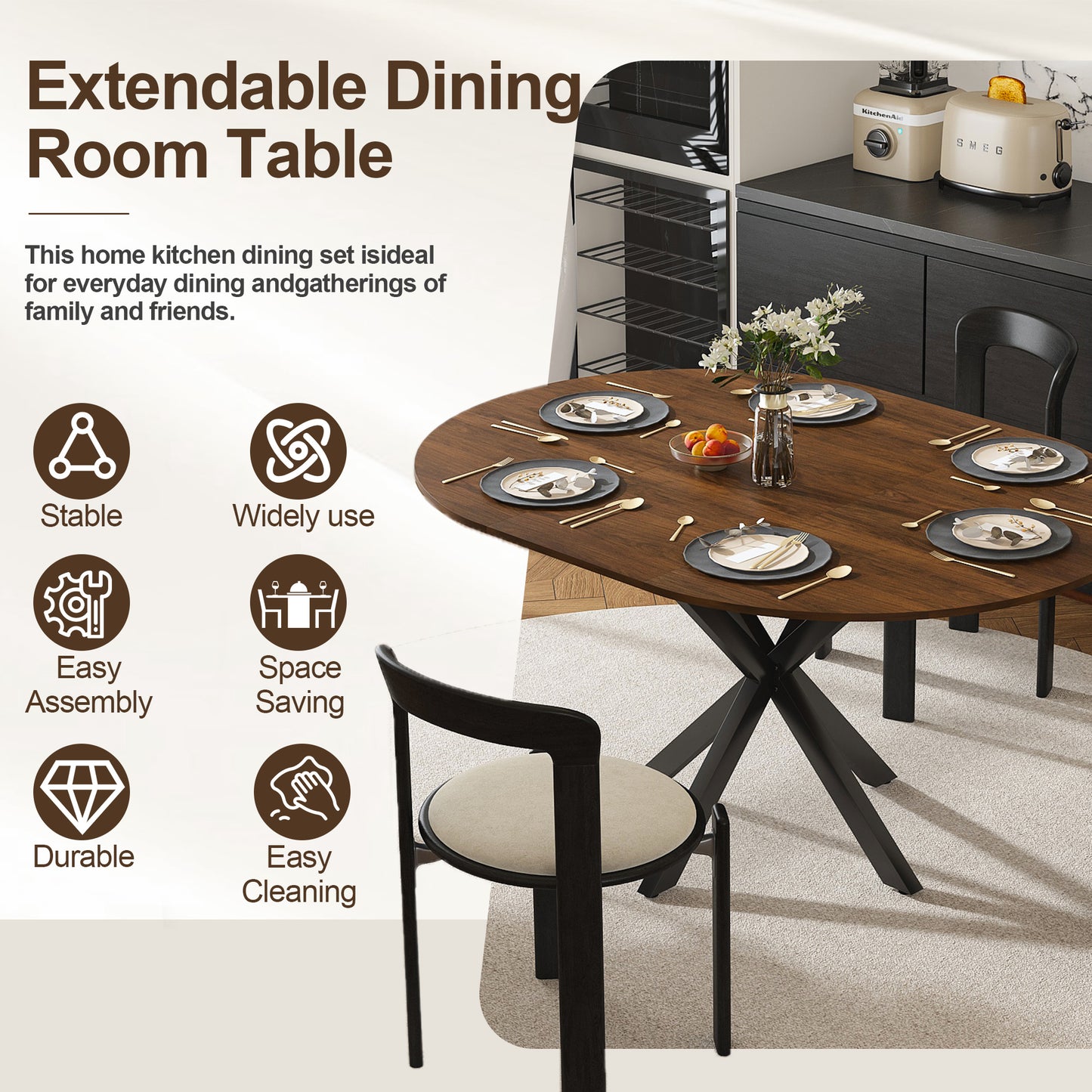 SESSLIFE 58" Extendable Round Dining Table for 6 People, Retractable Expandable Kitchen Table with Iron Base, Modern and Simple Solid Wood Veneer Dining Room Table for Small Space, Walnut