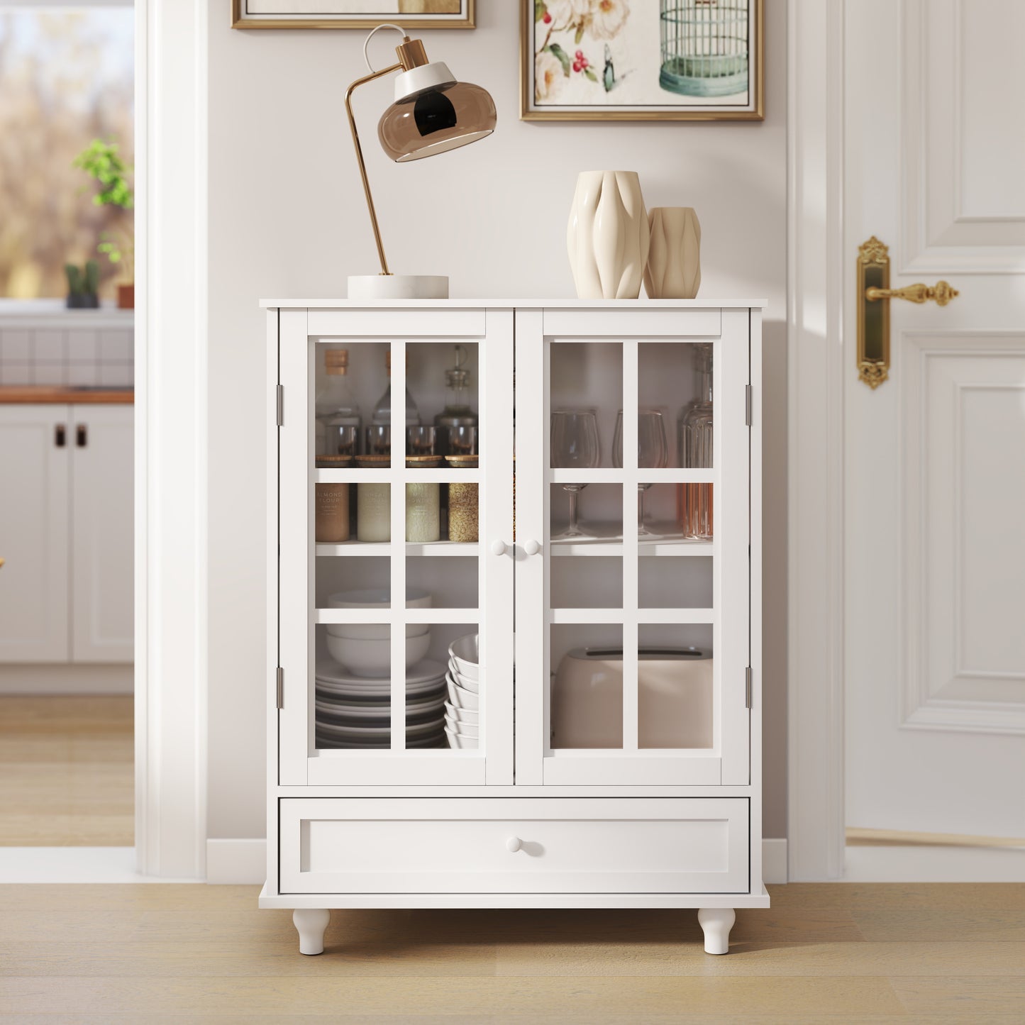 SESSLIIFE Compact Buffet Cabinet for Small Space, 31.5" White Sideboard with Glass Doors and Drawer, Storage Cabinet for Entryway, Hallway or Bedroom, White