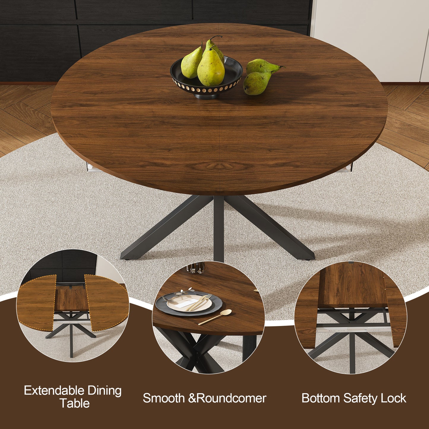 SESSLIFE 58" Extendable Round Dining Table for 6 People, Retractable Expandable Kitchen Table with Iron Base, Modern and Simple Solid Wood Veneer Dining Room Table for Small Space, Walnut