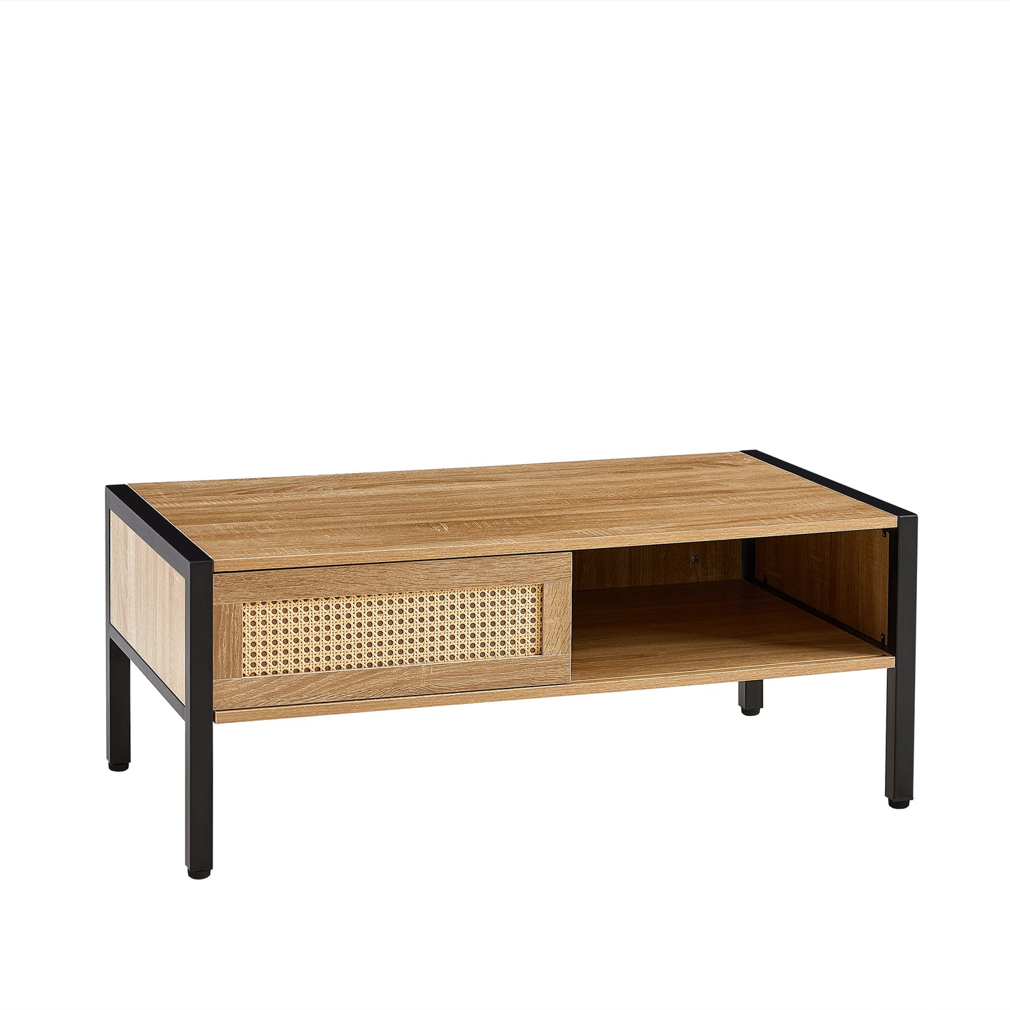 SESSLIFE 40” Modern Rattan Coffee Table with Sliding Door Storage, Natural Woven Side Table, Metal Legs for Living Room, Easy Assembly, Natural
