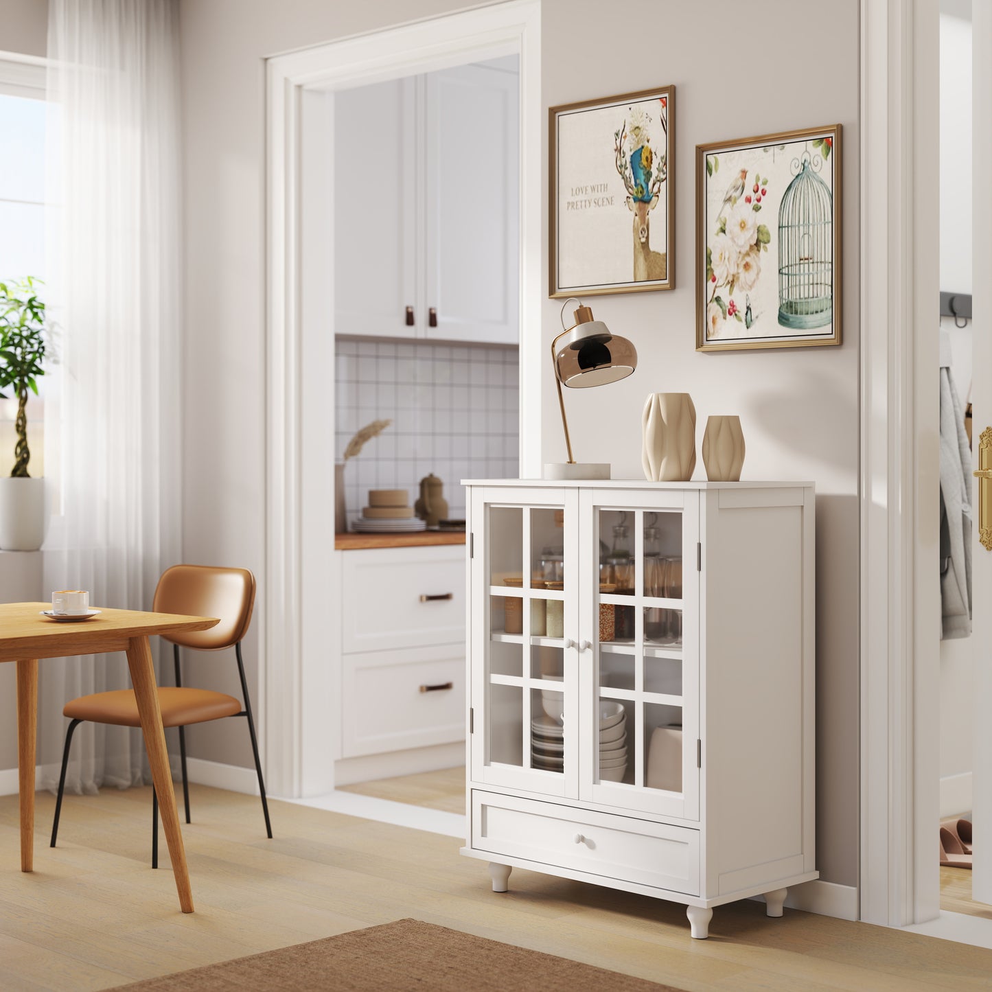 SESSLIIFE Compact Buffet Cabinet for Small Space, 31.5" White Sideboard with Glass Doors and Drawer, Storage Cabinet for Entryway, Hallway or Bedroom, White