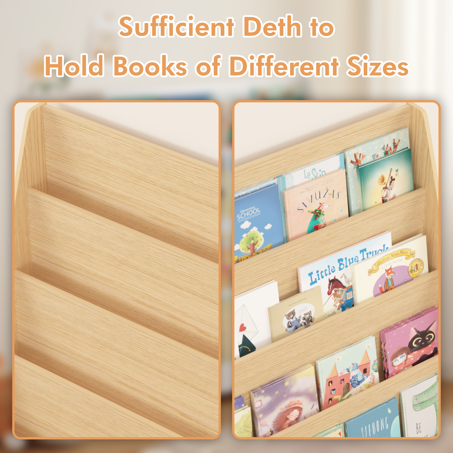 4-Tier Book Display Bookshelf, Open Front Book Storage Organizer for Bedroom Playroom Nursery Classroom, Natural