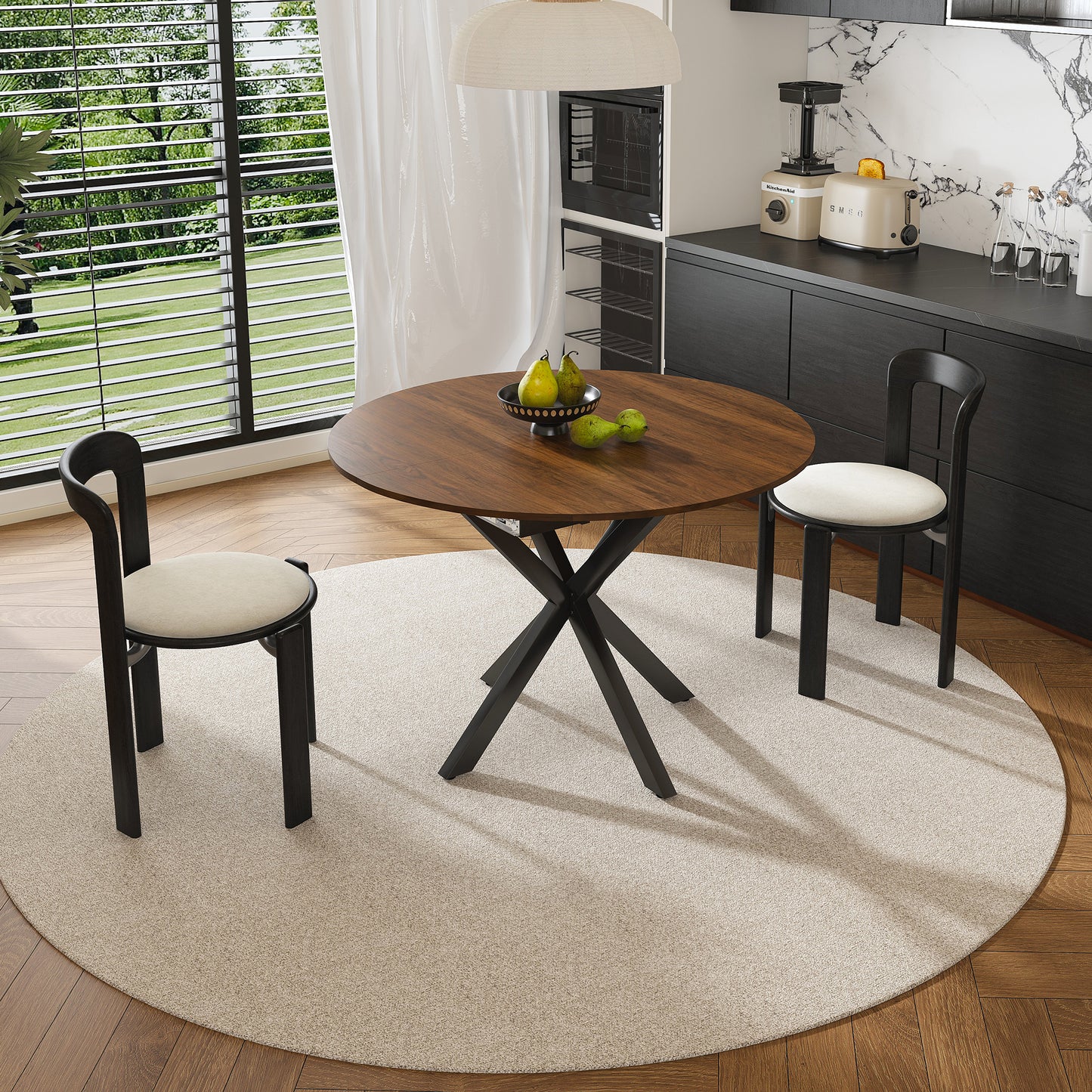 SESSLIFE 58" Extendable Round Dining Table for 6 People, Retractable Expandable Kitchen Table with Iron Base, Modern and Simple Solid Wood Veneer Dining Room Table for Small Space, Walnut