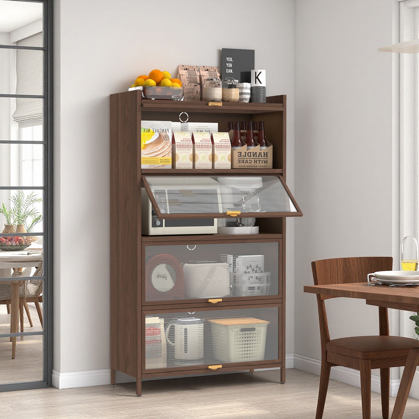 SESSLIFE Metal Storage Cabinet with Doors and Shelves, 57" Steel Utility Cabinet for Kitchen, Bathroom Storage Cabinet for Small Spaces, Narrow Freestanding Cabinet, Walnut