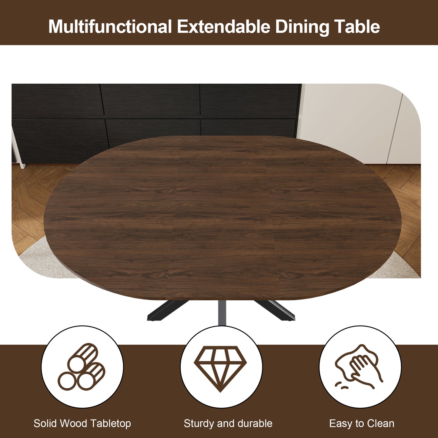 SESSLIFE 58" Extendable Round Dining Table for 6 People, Retractable Expandable Kitchen Table with Iron Base, Modern and Simple Solid Wood Veneer Dining Room Table for Small Space, Walnut