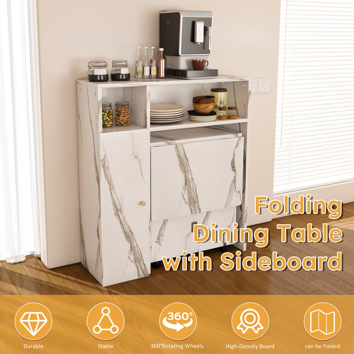 SESSLIFE Multifunctional Folding Dining Table for 4-6 People, Extendable Drop Leaf with Storage Shelf and Wheel for Kitchen and Apartment, Small Spaces, White