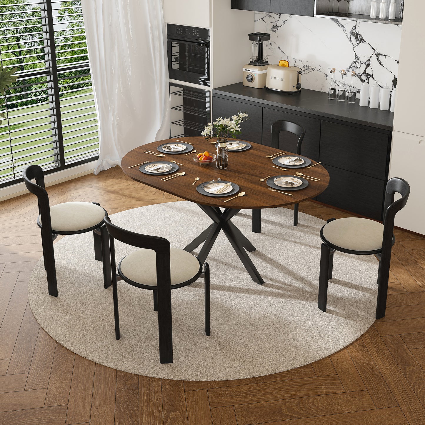 SESSLIFE 58" Extendable Round Dining Table for 6 People, Retractable Expandable Kitchen Table with Iron Base, Modern and Simple Solid Wood Veneer Dining Room Table for Small Space, Walnut