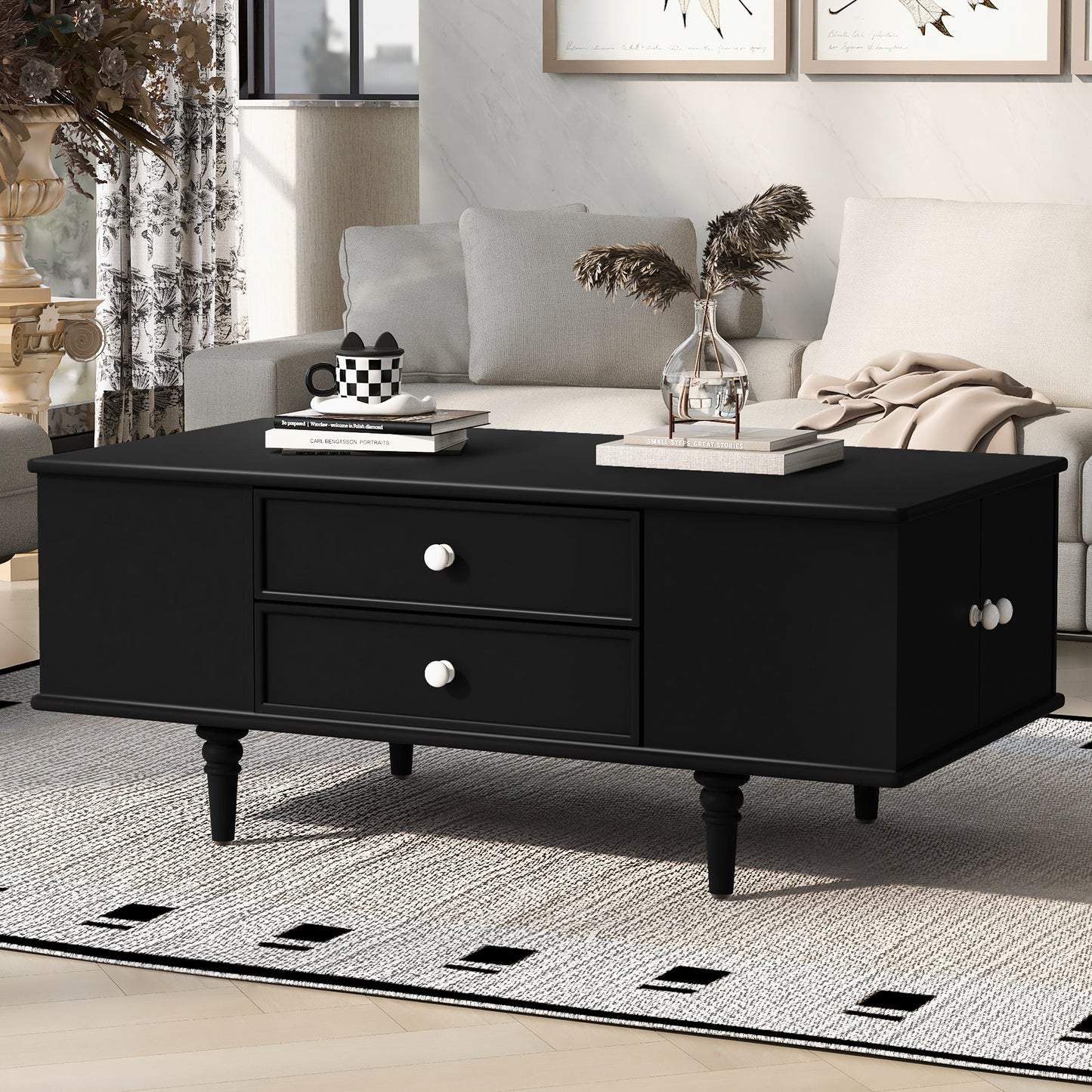 SESSLIFE Modern Coffee Table with 4 Drawers and Hidden Storage, Sturdy MDF Top with Solid Wood Legs, 47.2 Inch Large Rectangle Living Room Table in Black