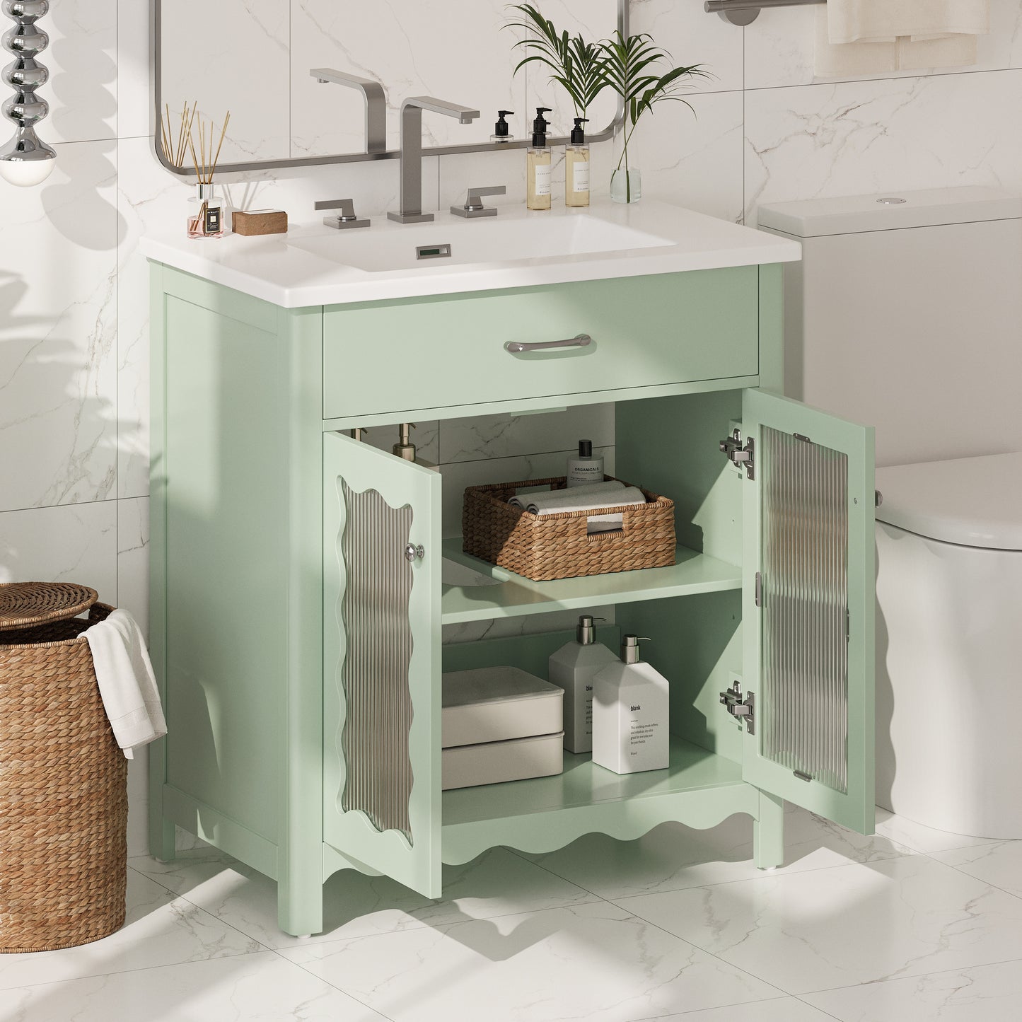 SESSLIFE 30 Inch Bathroom Vanity with Sink, Green Bathroom Cabinet with Vertical Striped Tempered Glass Doors, Soft Close Doors, Rubber Wood Legs, Single Sink Vanity