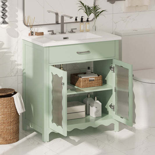 SESSLIFE 30 Inch Bathroom Vanity with Sink, Green Bathroom Cabinet with Vertical Striped Tempered Glass Doors, Soft Close Doors, Rubber Wood Legs, Single Sink Vanity