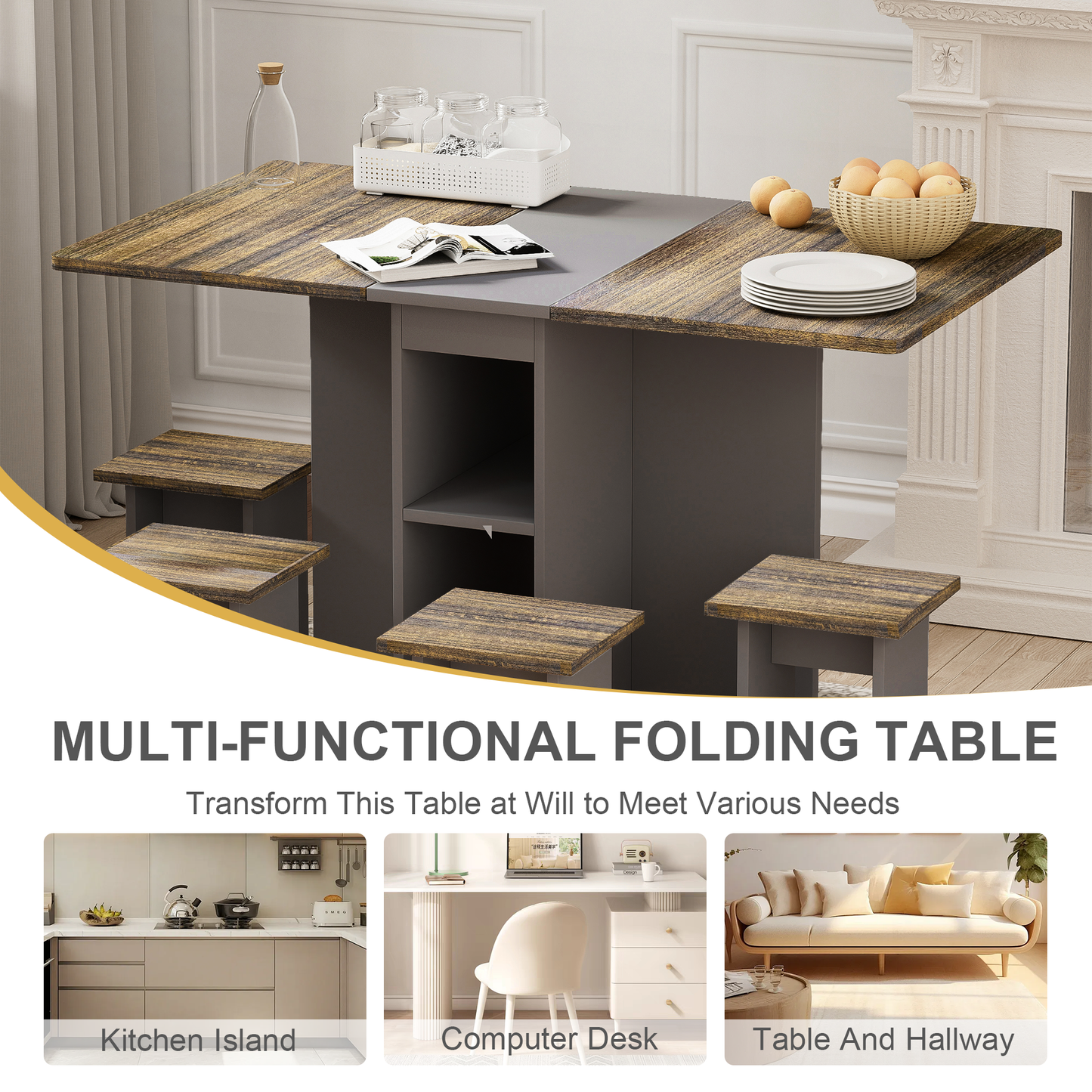 SESSLIFE Folding Extendable Dining Table Set with 4 Chairs, 55'' Drop Leaf Kitchen Dining Set with Storage and Lockable Wheels for Small Space Saving, Brown