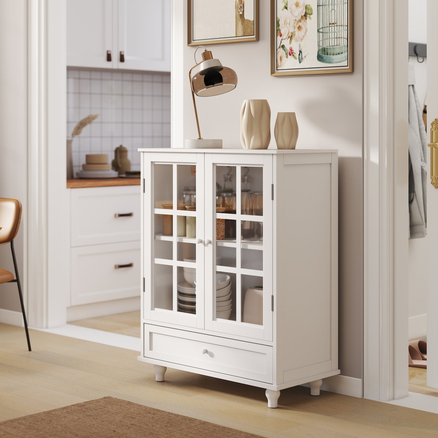 SESSLIIFE Compact Buffet Cabinet for Small Space, 31.5" White Sideboard with Glass Doors and Drawer, Storage Cabinet for Entryway, Hallway or Bedroom, White