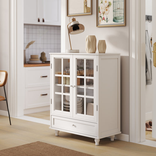 SESSLIIFE Compact Buffet Cabinet for Small Space, 31.5" White Sideboard with Glass Doors and Drawer, Storage Cabinet for Entryway, Hallway or Bedroom, White