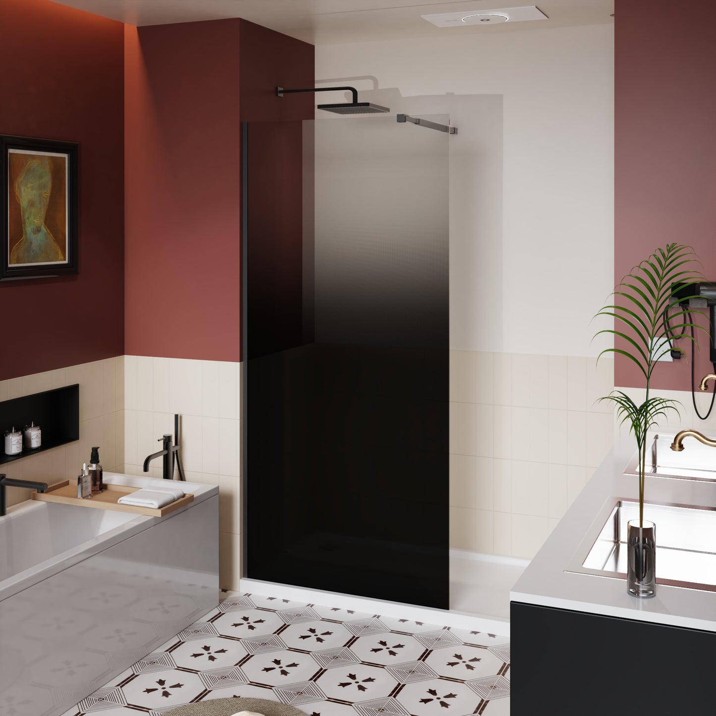 SESSLIFE 34x72 Inch Frameless Shower Door Fixed, 1/4" Matt Black Gradient Tempered Glass Walk in Shower Screen with Adjustable Support Rod, Reversible Installation for Modern Bathroom