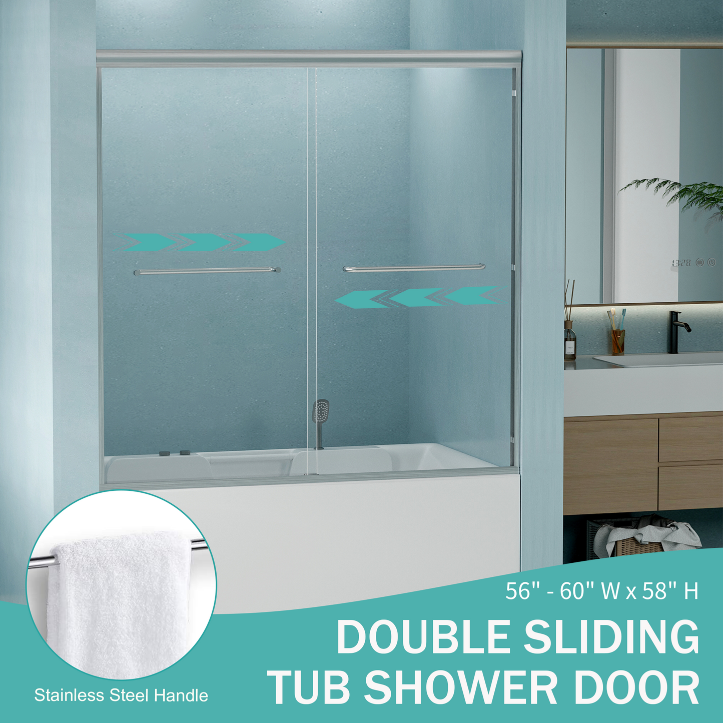 SESSLIFE Sliding Shower Door, Modern Semi-Frameless Style with Explosion-Proof Film and Anti-Leak Design, 56-60"W Adjustable Width with Certified Safety Glass, Brushed Nickel