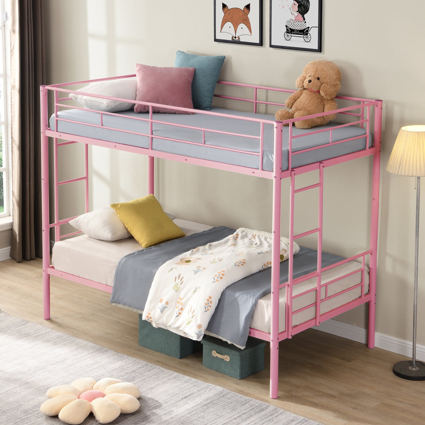 PARPOOS Metal Twin Over Twin Bunk Bed with 2 Ladders, Twin Bunk Beds fo Teens with Full Length Guardrails, Convertible Bunk Bed Can Be Divided Into 2 Twin Beds, No Box Spring Needed, Pink