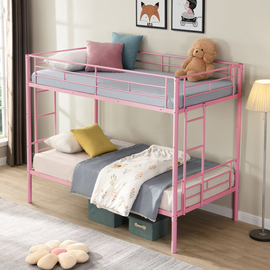 PARPOOS Metal Twin Over Twin Bunk Bed with 2 Ladders, Twin Bunk Beds fo Teens with Full Length Guardrails, Convertible Bunk Bed Can Be Divided Into 2 Twin Beds, No Box Spring Needed, Pink
