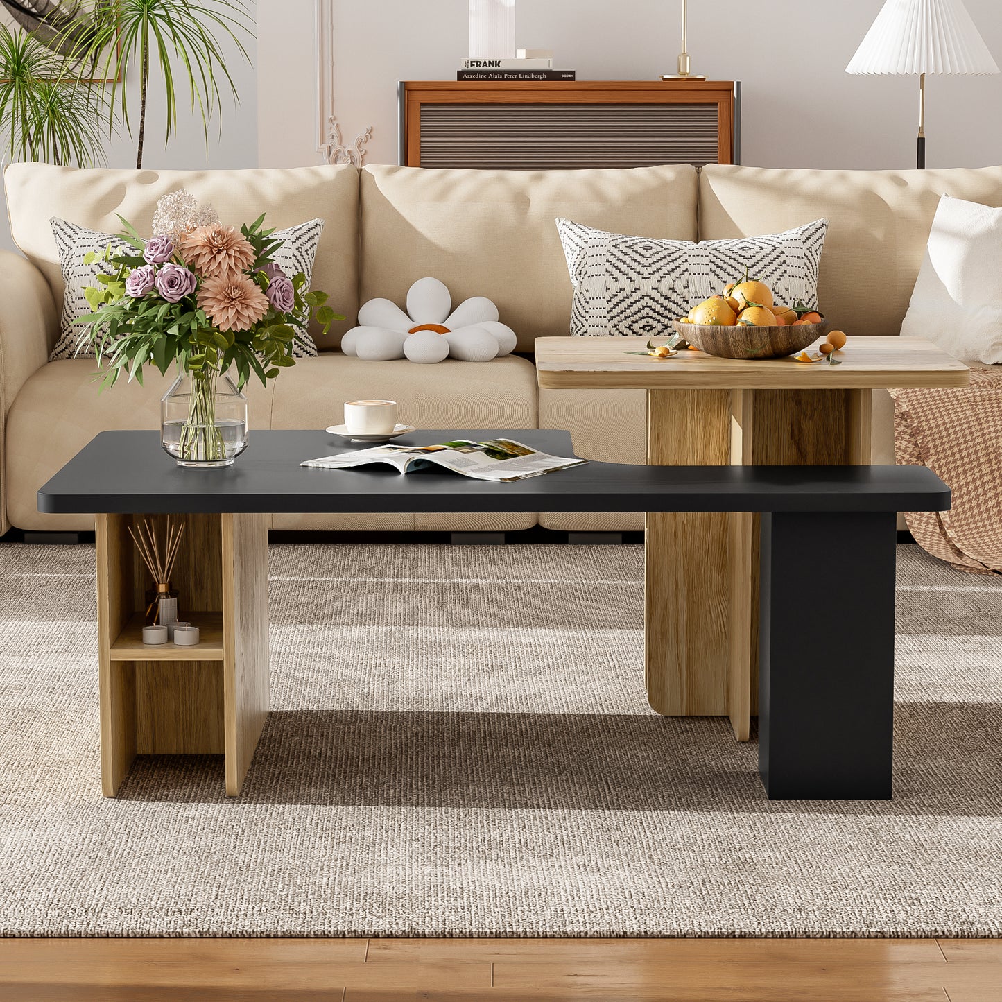 Coffee Table Set of 2 Nesting Tables Farmhouse White, Wood Finish Living Room Tables with Rounded Corners, Space-Saving Small Coffee Tables for Modern Homes, Black