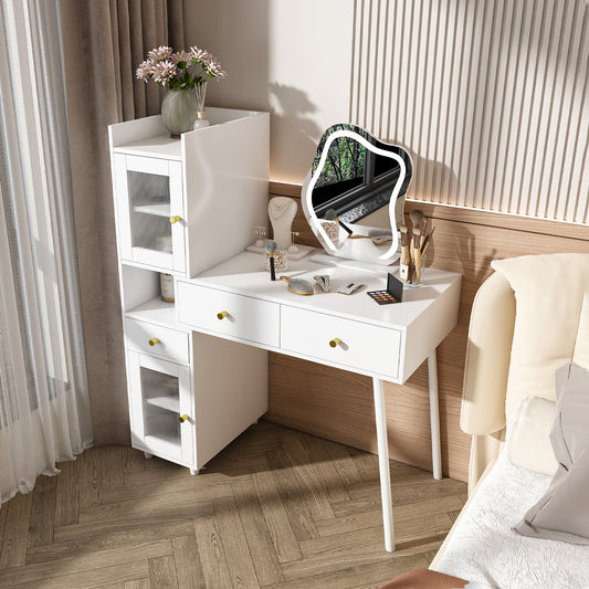 SESSLIFE Makeup Vanity Desk with 3 Color Lights and Mirror, Dressing Table with 3 Drawers, Storage Shelves and Cabinets, LED Vanity Table with Adjustable Brightness for Bedroom, White
