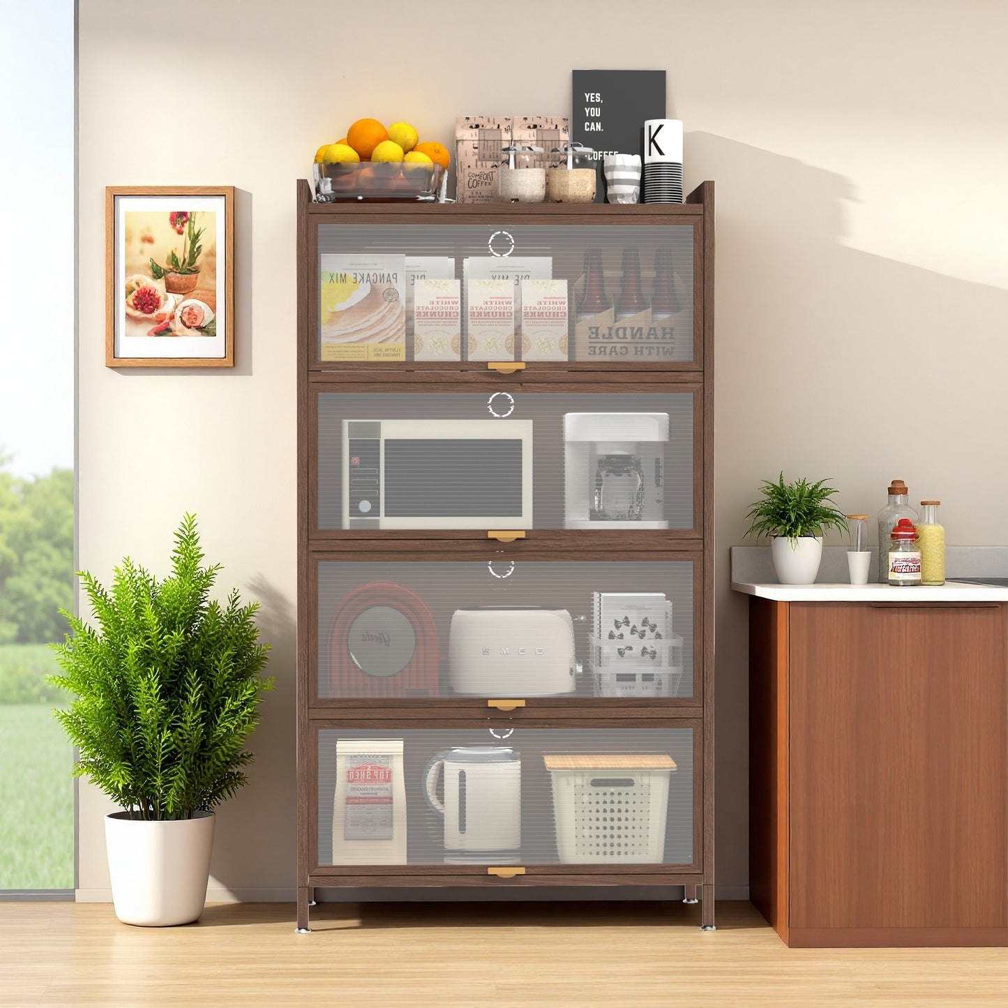 SESSLIFE Metal Storage Cabinet with Doors and Shelves, 57" Steel Utility Cabinet for Kitchen, Bathroom Storage Cabinet for Small Spaces, Narrow Freestanding Cabinet, Walnut