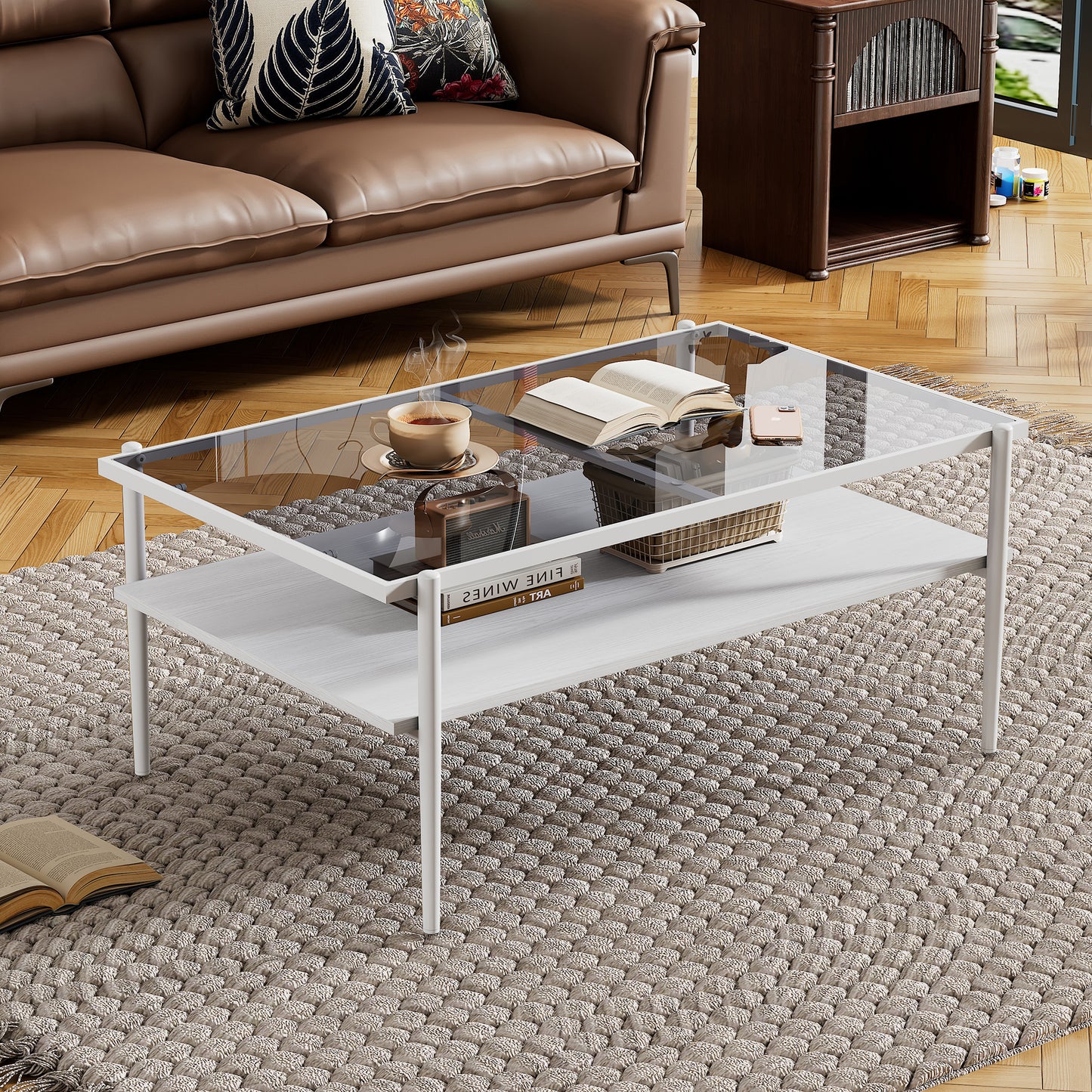 SESSLIFE Modern Rectangle Coffee Table with Glass Table Top, Easy to Clean Tempered Surface Ideal for Small Space, Stylish Yet Functional Living Room Accent, White
