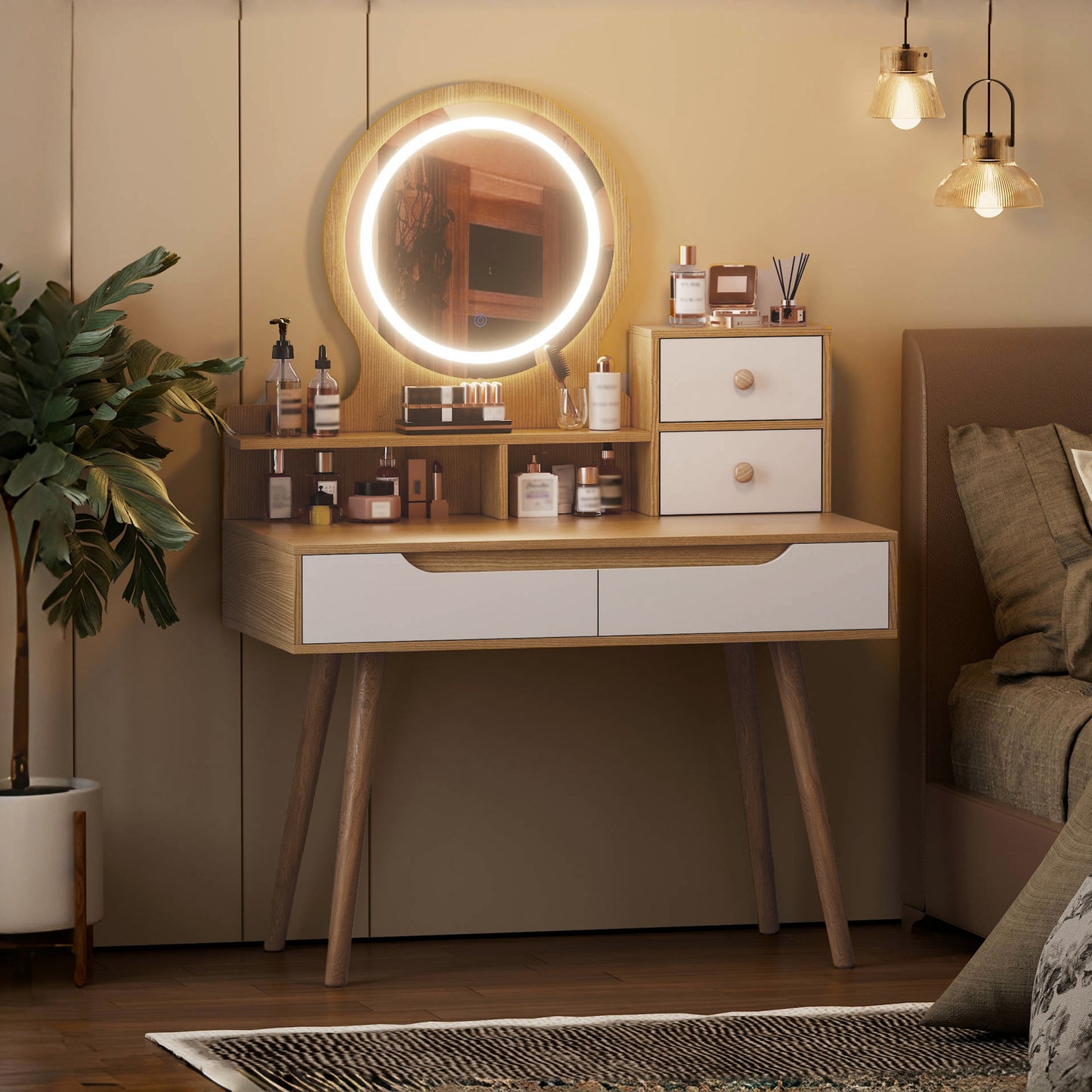 SESSLIFE Makeup Vanity Desk with Mirror and Lights, Lighted Vanity Table with 4 Drawers and 3 Shelves, Small Vanity Desk with Storage for Bedroom, Adjustable LED Mirror, White Oak