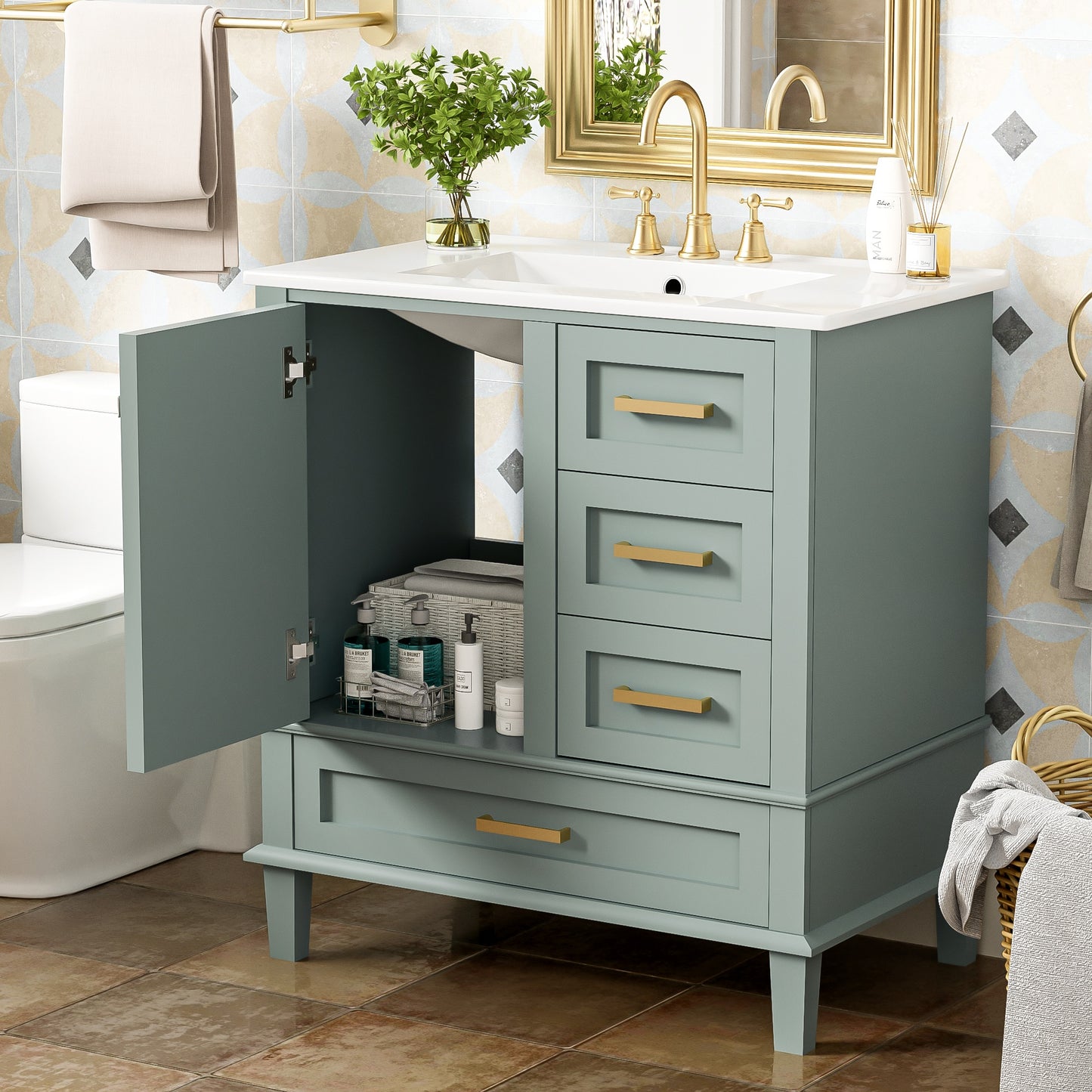 SESSLIFE 30" Bathroom Vanity with Sink, Modern Freestanding Bathroom Cabinet with Ceramic Sink, Soft Close Door and 3 Drawers, Solid Wood Frame, Sage Green