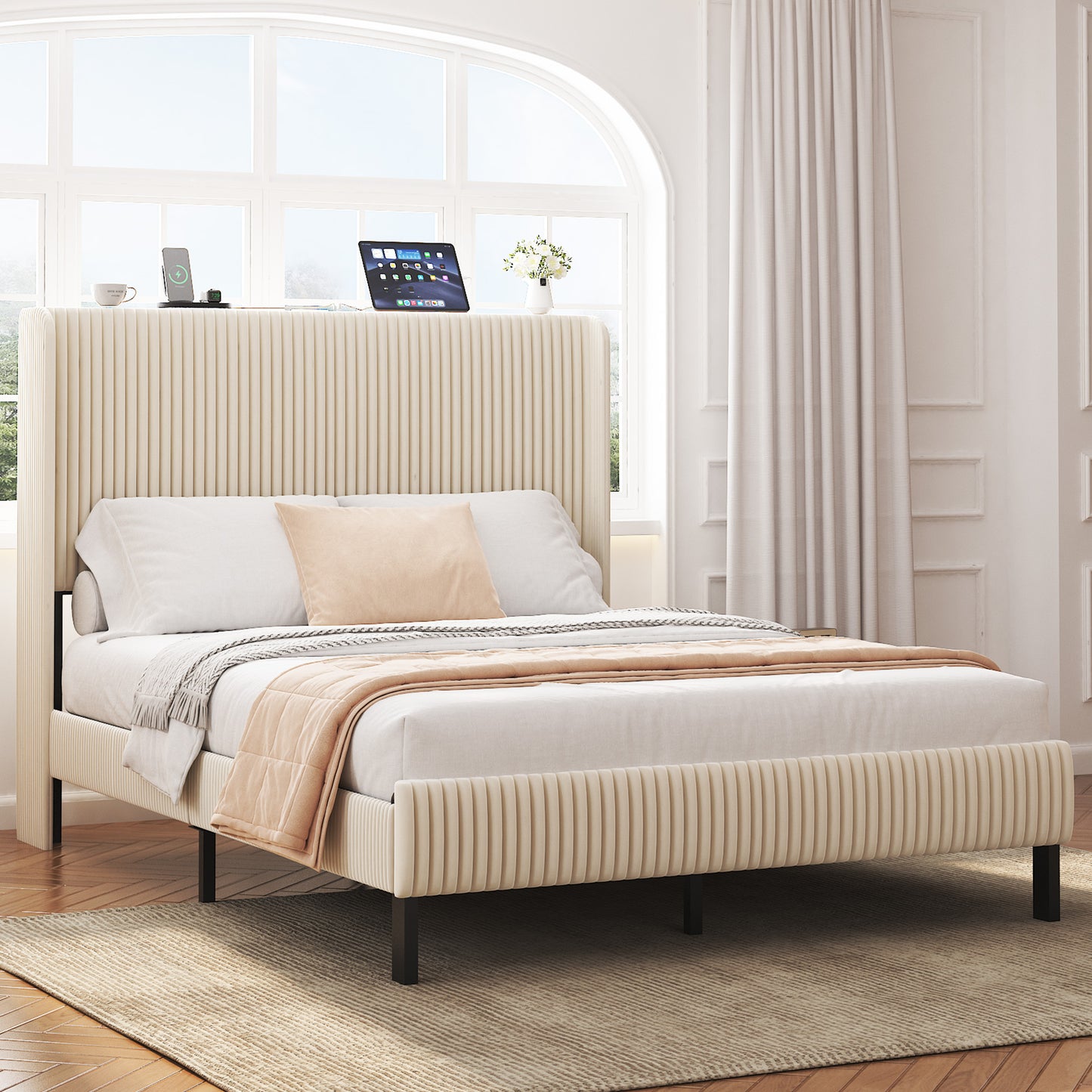 SESSLIFE Queen Platform Bed Frame with Charging Station, Beige Upholstered Bed Frame with Top Shelf Headboard, Metal Slats Hold up to 800lbs, Noise-Free, No Box Spring Needed, Easy Assembly