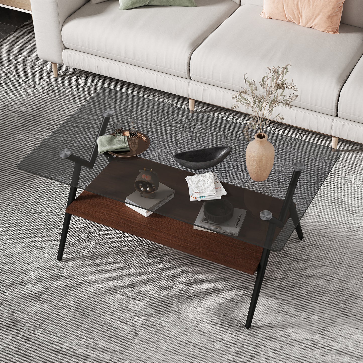 SESSLIFE Modern Coffee Table for Living Room with Tempered Glass Top, Rectangle Side Table with Brown Storage Shelf, Sturdy Metal Legs, Gray Glass Design, Easy Assembly, 38.6"