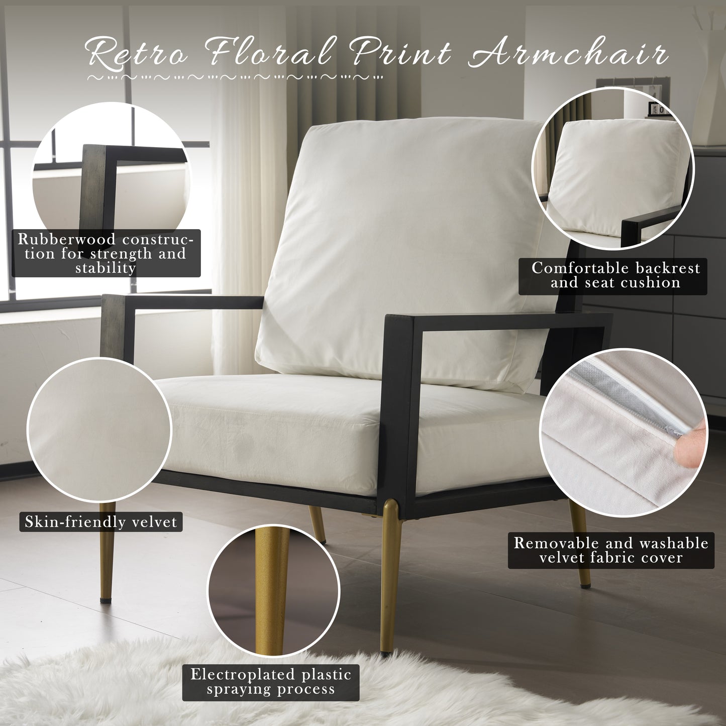 SESSLIFE Upholstered Velvet Accent Chair, Modern White Lounge Arm Chair with Solid Rubberwood Frame and Gold Metal Legs, Reading Chair for Living Room, Bedroom, Balcony
